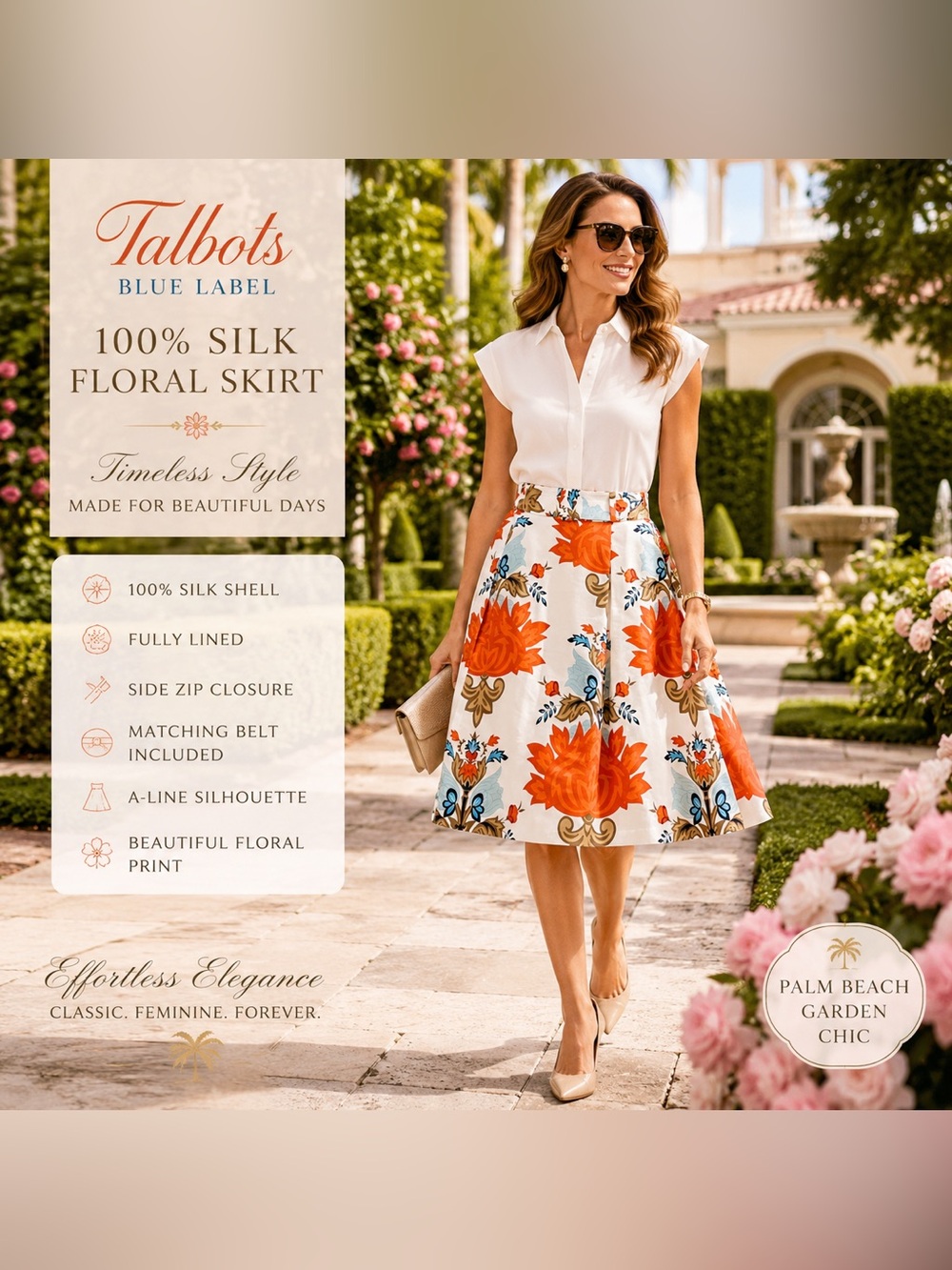 Talbots Blue Label 100% Silk Floral A-Line Skirt 14 Belted Lined Cottagecore